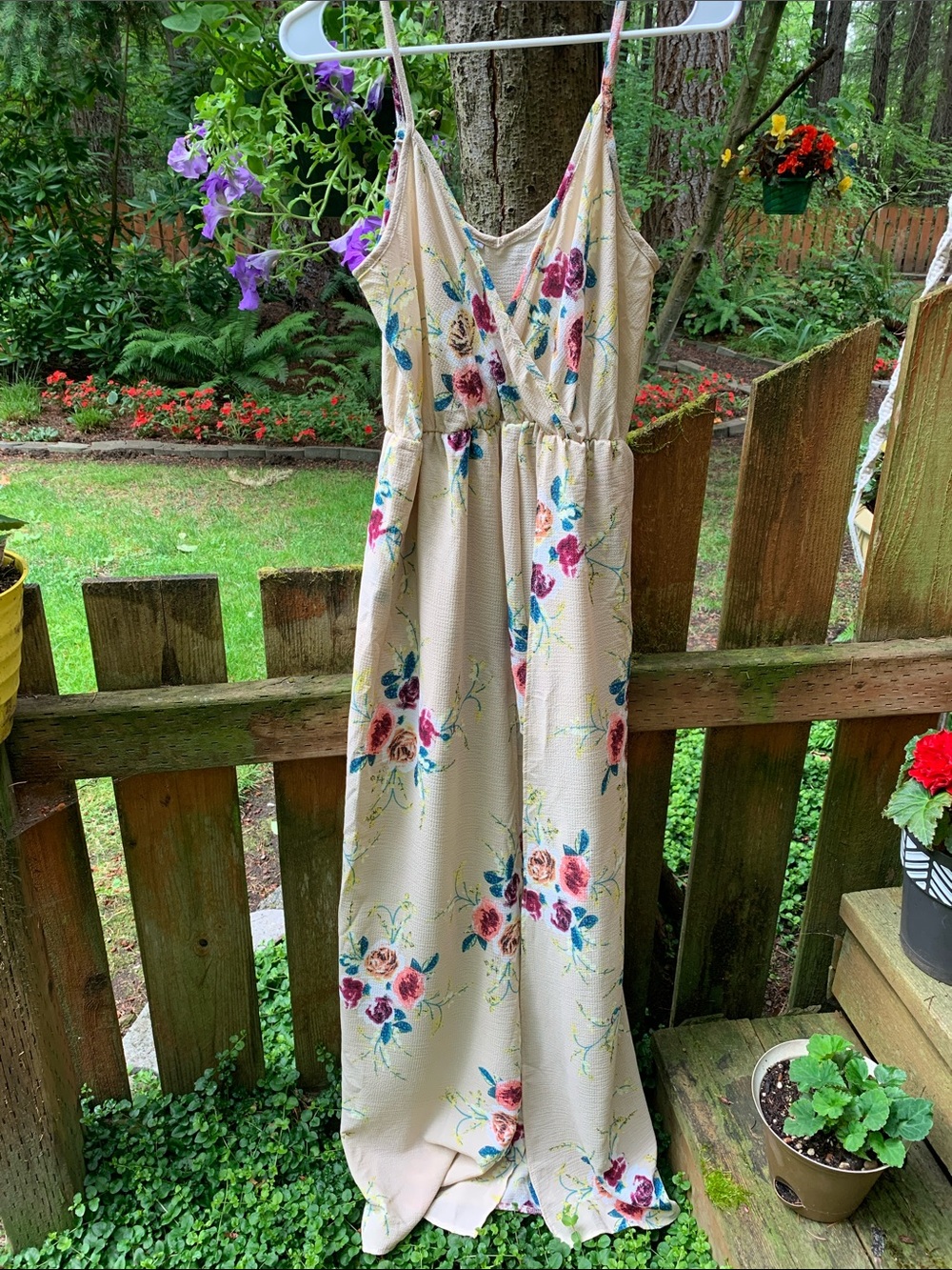 Floral Tan Maxi Dress with Spaghetti Straps and Open In Front w/Shorts